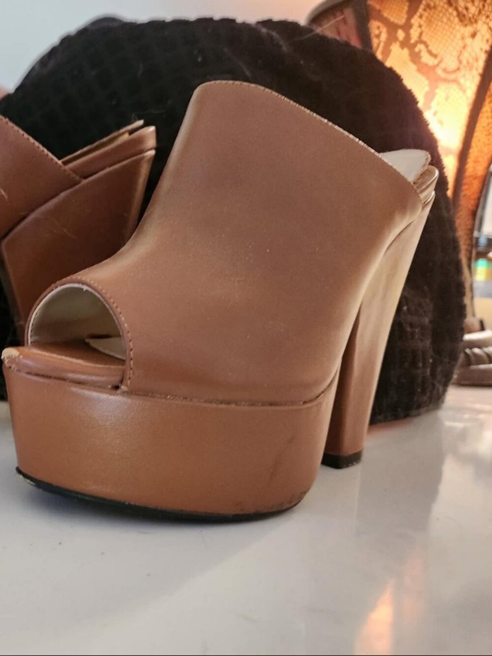 Cinderella of Boston Brown Platform Peep-Toe Mule Heels